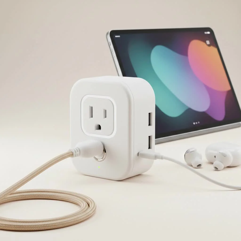 Smart plug controlling a lamp in a modern living room