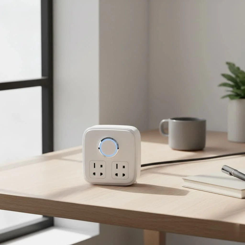 Smart timer plug controlling a lamp in a modern living room